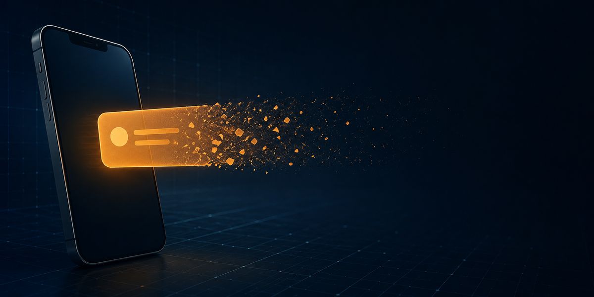 A mobile device sending a notification that dissolves into empty space, representing silent failures when the Power Automate mobile app is retired.