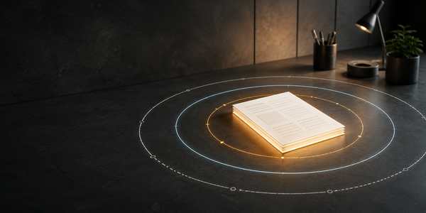 A glowing document on a desk with three concentric boundary rings showing the gap between skill instructions and platform enforcement.