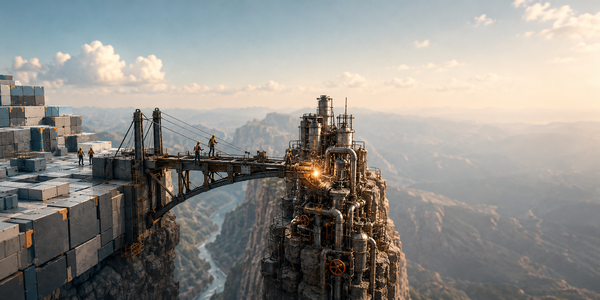 A bridge under construction connecting a modular low-code platform to diverse enterprise systems, representing custom connectors.